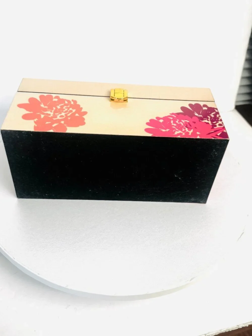 Rectangular Jewelry Box 9x4 Lacquer Floral Tan Pink Black Velvet Lining Box Clas